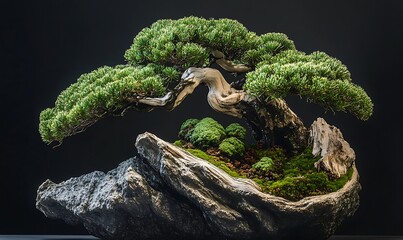 Majestic Bonsai Tree with Twisted Trunk and Lush Green Foliage