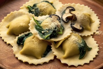 A mouthwatering photo of fresh, homemade ravioli with a mix of sautéed mushrooms