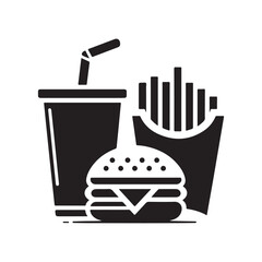 Fast food icon, logo, silhouette, burger, fries, drinks, Symbols and signs of street food, Black Fast Food Icons