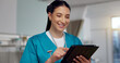 © peopleimages.com - Smile, woman and nurse with tablet at hospital for Telehealth consultation, healthcare charts or medical information. Happy, female person and digital for appointment schedule, adn and reading report