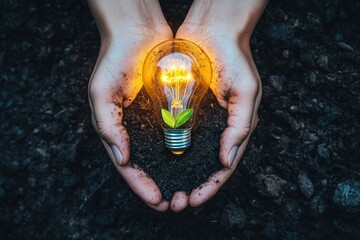 Glowing Light Bulb Plant Growing in Soil Held by Hands