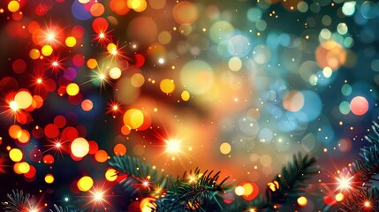 Wall Mural - A festive background with warm and cool toned bokeh lights, a dark background with green pine needles, creates a dreamy and magical feel.