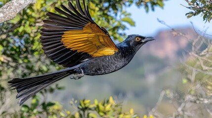 Grackle bird in flight with wings spread