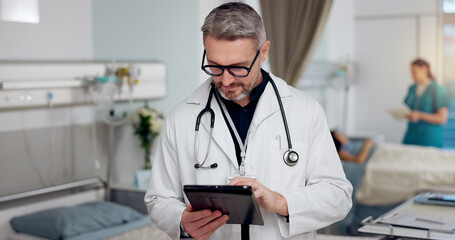 Man, doctor and typing on tablet at clinic for Telehealth consultation, healthcare charts and medical. Physician, digital and review surgery schedule, diagnosis report and prescription information