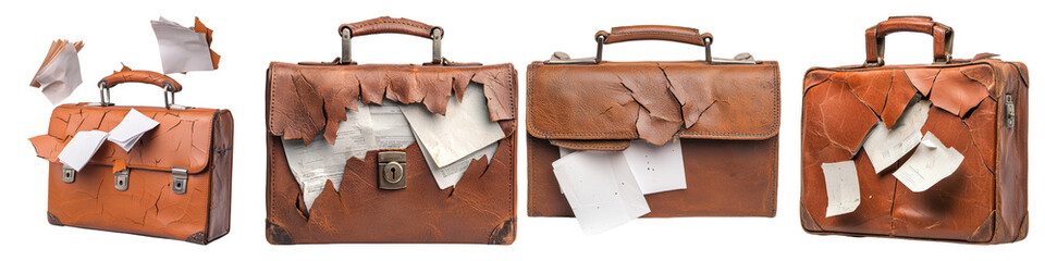 Vintage brown briefcase with travel tags and papers, representing business travel and organization