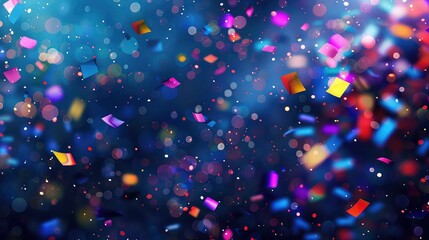 Wall Mural - Colorful confetti falling in a blurred blue background with bokeh lights.