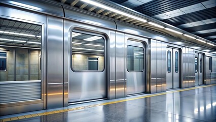 Silver subway train door opening onto platform with modern urban background