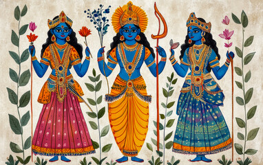 Traditional madubani painting of three hindu deities standing and holding objects, symbolizing spirituality and devotion