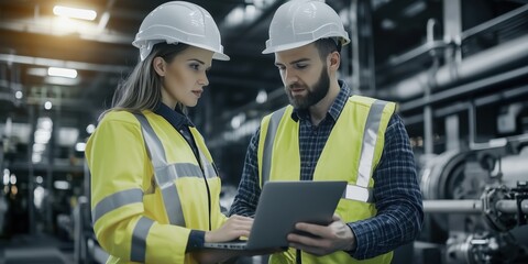 Two engineers in high-visibility jackets and hard hats discuss factory data on a laptop while standing in an industrial plant, focusing on operational efficiency.