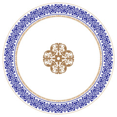 Wall Mural - Geometric Moroccan Seamless Pattern round frame arabesque blue gold. Moroccan pattern. Blue gold plate with a large floral element in the center. Pattern frame for round ceramics, textiles, patchworks