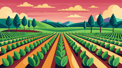 Wall Mural - Farming Field with Neat Rows of Crops. Perfect for: Earth Day, Harvest Festivals, Agricultural Events