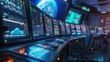 © kimly - A space mission control center with screens displaying data and tracking satellites.