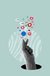 © chayanit - Social media creative concept. Hand hold, poster with like symbols from social networks. Art collage digital pop modern art.