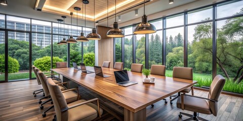 Modern Conference Room with Window View, Wooden Table and Leather Chairs, Contemporary Interior Design, Office Space, Meeting Room , conference , interior