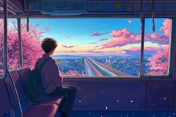 A young Asian boy gazes out of a train window during sunset over a cherry blossom landscape.