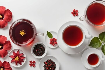 food frame from castings of hibiscus tea, teapot and cup with tea isolated on a white background with space for text