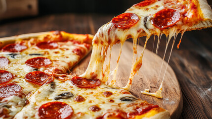 “A slice of hot Italian pizza with stretching cheese, featuring pepperoni, placed on a wooden background. The pizza’s gooey cheese and savory toppings create an appetizing and mouth-watering visual, 