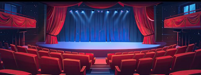 The interior of the theater stage with empty rows of seats. Cartoon illustration.