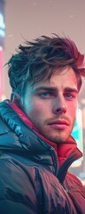 Close-up portrait of a young man with blue eyes and messy hair, looking intensely at the camera.