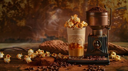 Sweet Milkshake with caramel syrup,cream liqueur,caramel popcorn and chocolate powder on brown background with vintage,manual coffee grinder. 