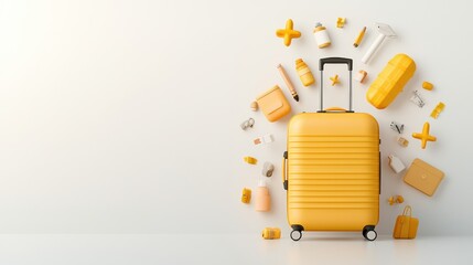 Wall Mural - Floating Minimalist 3D Suitcase with Travel Essentials - Modern Travel Concept on White Background with Copy Space, Generative Ai