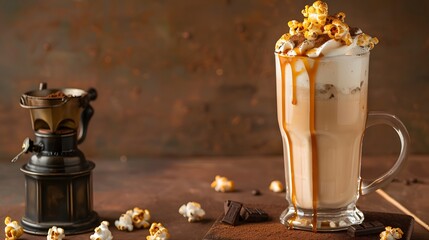 Sweet Milkshake with caramel syrup,cream liqueur,caramel popcorn and chocolate powder on brown background with vintage,manual coffee grinder. 