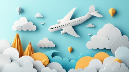 whimsical airplane window view in paper cut style with dreamy clouds and sky, perfect for travel con