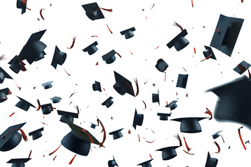 a rain of graduation caps, white background