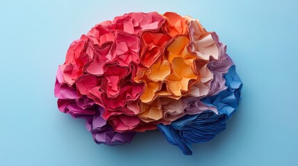 The colorful paper brain made from newspaper pages symbolizes the creative process and the multifaceted nature of consciousness.