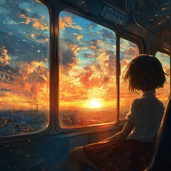 A young girl admiring a vibrant sunset from a train window.