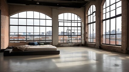 Large windows overlooking the city and an abandoned industrial loft with an idea of design and space