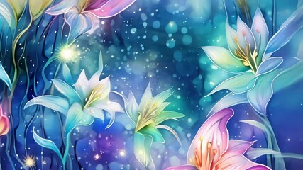 Poster - Colorful floral artwork with blue background and sparkling details in nature-themed design