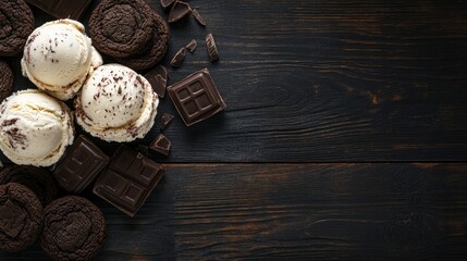 Sandwich cookies dipped in chocolate and cream ice cream. Handmade ice cream treat with cookies and cream on a dark wooden background.