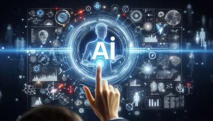 ai concept with businessman hand pressing a button on a technology screen