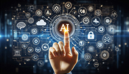 ai concept with businessman hand pressing a button on a technology screen