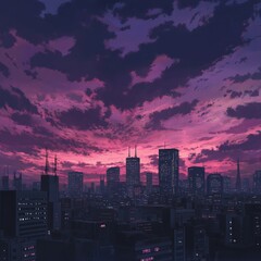 Wall Mural - Stunning city skyline at dusk with vibrant pink and purple clouds.