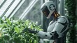 © Jittapon - An advanced AI powered robot gardener tending to a futuristic greenhouse symbolizing the of technology and nature for a more sustainable future