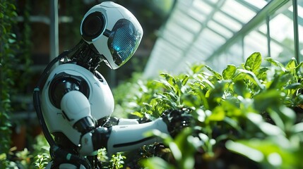 Poster - an ai powered robot gardener tenderly caring for a futuristic greenhouse showcasing how technology c