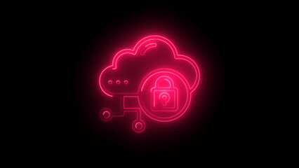 Neon Cloud Security Icon, Glowing Data Protection Symbol, Cloud Computing with Lock, Cybersecurity in Cloud Storage, Digital Safety Illustration