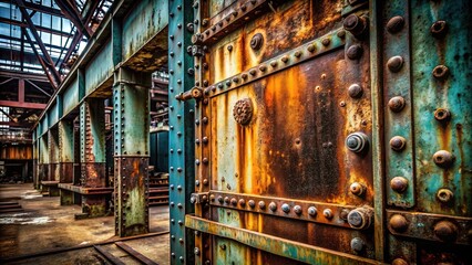 Rusty remnants of industry past, weathered metal reveals aged rivets, distressed textures, and a gritty aesthetic that exudes neglect and abandonment.