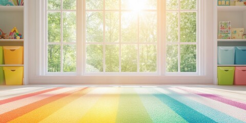 Bright and cheerful playroom with colorful storage bins, a rainbow carpet, and large windows letting in sunlight, perfect for kids' activities.