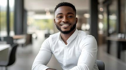 A young, smiling, African-American businessman in a white shirt, seated in a modern office environment.