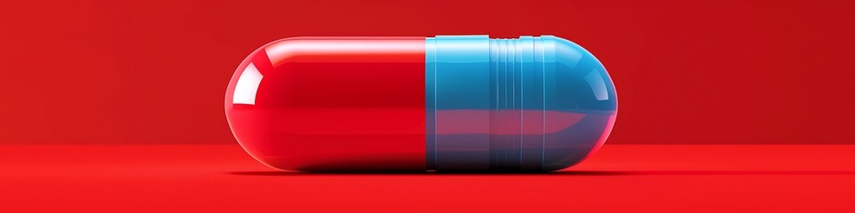 A vibrant pill capsule against a red backdrop, symbolizing modern drug formulations and advancements.