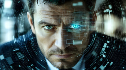 Wall Mural - Close-up of a man's face with a glowing blue eye and digital lines overlayed.