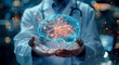 © bit24 - Doctor with hologram of a human brain on dark background. Future technology in medicine.