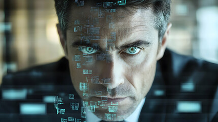 Wall Mural - Close-up portrait of a businessman with a serious expression, his face partially obscured by a digital interface.