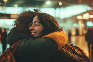 Two friends share a joyful reunion hug at an airport, enveloped in an emotional and warm atmosphere. The scene captures the heartfelt moment of reconnecting, filled with happiness and warmth.