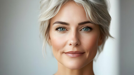 Close-up portrait of a woman with short blonde hair and blue eyes smiling.