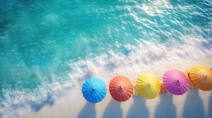 Wall Mural - A row of colorful umbrellas are lined up on a beach