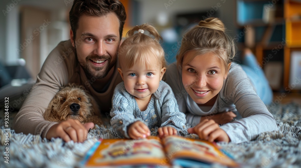 young nuclear family playing with toys inliving room parents,children ...